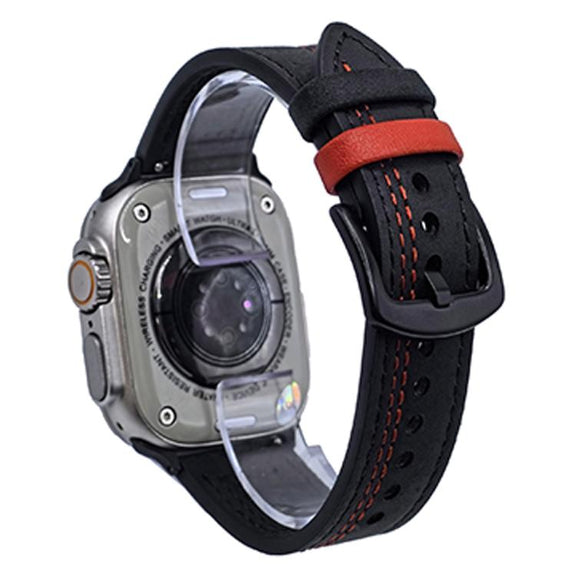 For Apple Watch 42mm / 41mm / 40mm / 38mm 7-Line Tri-Star Buckle Pull Up Leather Watch Band(Black Red Thread)