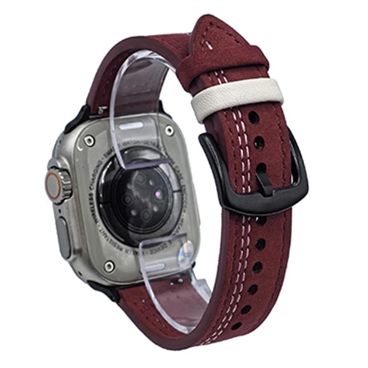 For Apple Watch 42mm / 41mm / 40mm / 38mm 7-Line Tri-Star Buckle Pull Up Leather Watch Band(Burgundy White Thread)