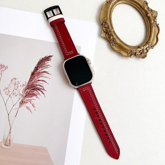 For Apple Watch 42mm / 41mm / 40mm / 38mm 7-Line Tri-Star Buckle Pull Up Leather Watch Band(Burgundy White Thread)
