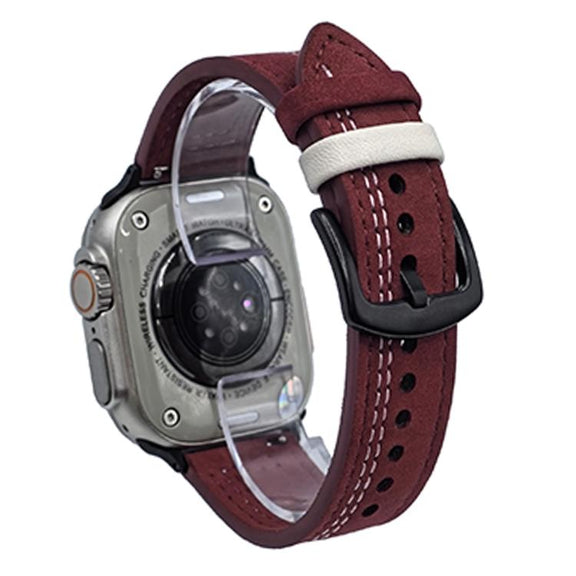 For Apple Watch 42mm / 41mm / 40mm / 38mm 7-Line Tri-Star Buckle Pull Up Leather Watch Band(Burgundy White Thread)