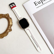 For Apple Watch 42mm / 41mm / 40mm / 38mm 7-Line Tri-Star Buckle Pull Up Leather Watch Band(Beige Red Thread)