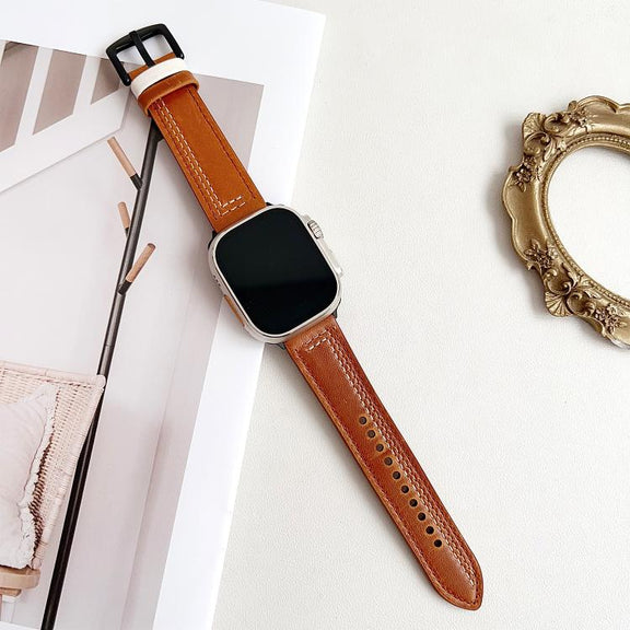 For Apple Watch 42mm / 41mm / 40mm / 38mm 7-Line Tri-Star Buckle Pull Up Leather Watch Band(Crazy Horse Yellow Brown White Thread)