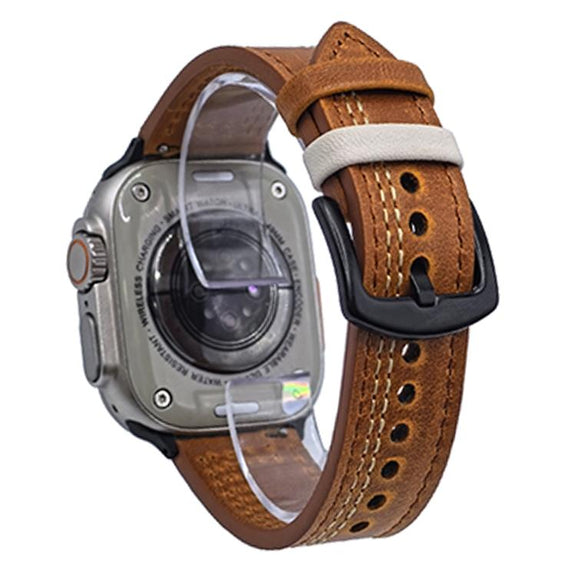 For Apple Watch 42mm / 41mm / 40mm / 38mm 7-Line Tri-Star Buckle Pull Up Leather Watch Band(Crazy Horse Yellow Brown White Thread)