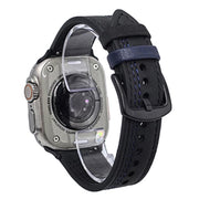 For Apple Watch 42mm / 41mm / 40mm / 38mm 7-Line Tri-Star Buckle Pull Up Leather Watch Band(Black Blue Thread)