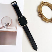 For Apple Watch 42mm / 41mm / 40mm / 38mm 7-Line Tri-Star Buckle Pull Up Leather Watch Band(Black Blue Thread)