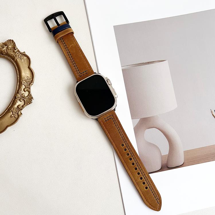 For Apple Watch 42mm / 41mm / 40mm / 38mm 7-Line Tri-Star Buckle Pull Up Leather Watch Band(Crazy Horse Light Brown Blue Thread)