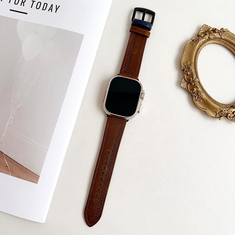 For Apple Watch 42mm / 41mm / 40mm / 38mm 7-Line Tri-Star Buckle Pull Up Leather Watch Band(Crazy Horse Dark Brown Blue Thread)
