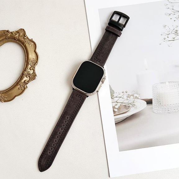 For Apple Watch 42mm / 41mm / 40mm / 38mm 7-Line Tri-Star Buckle Pull Up Leather Watch Band(Gray Black Thread)