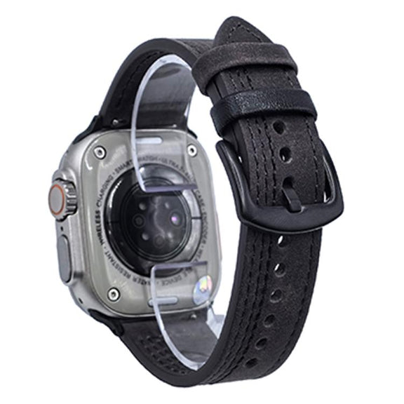 For Apple Watch 42mm / 41mm / 40mm / 38mm 7-Line Tri-Star Buckle Pull Up Leather Watch Band(Gray Black Thread)