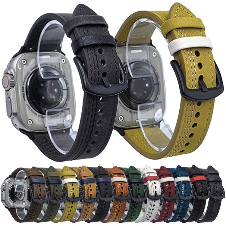 For Apple Watch 46mm / 49mm / 45mm / 44mm 7-Line Tri-Star Buckle Pull Up Leather Watch Band(Black Red Thread)