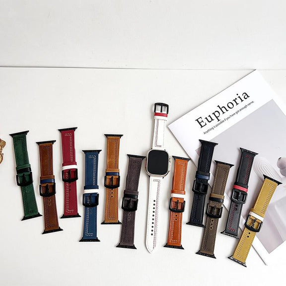 For Apple Watch 42mm / 41mm / 40mm / 38mm 7-Line Tri-Star Buckle Pull Up Leather Watch Band(Black Red Thread)