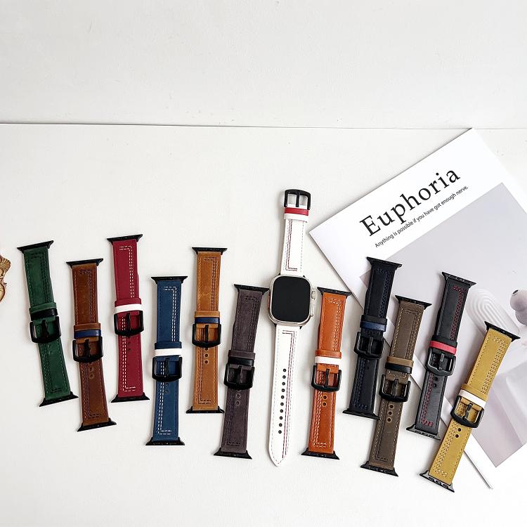 For Apple Watch 46mm / 49mm / 45mm / 44mm 7-Line Tri-Star Buckle Pull Up Leather Watch Band(Black Blue Thread)