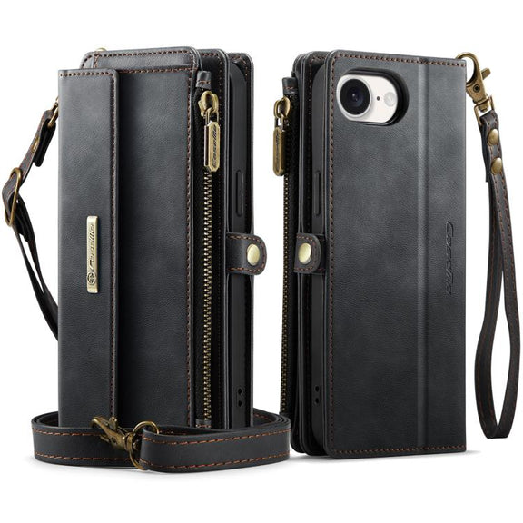 For iPhone 16e CaseMe C39 RFID Blocking Zipper Wallet Leather Phone Case with Crossbody Strap(Black)