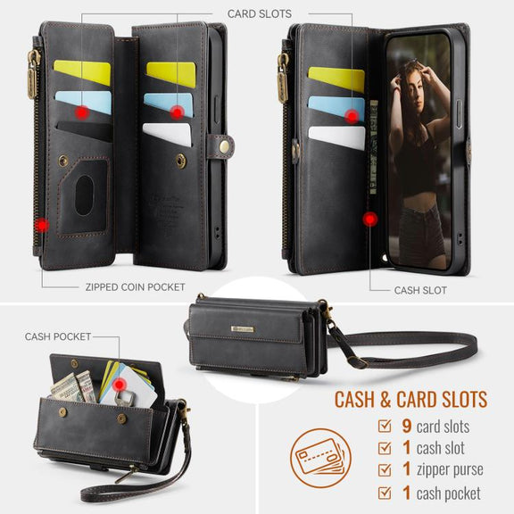For iPhone 16e CaseMe C39 RFID Blocking Zipper Wallet Leather Phone Case with Crossbody Strap(Black)
