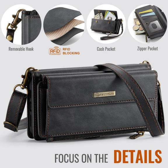 For iPhone 16e CaseMe C39 RFID Blocking Zipper Wallet Leather Phone Case with Crossbody Strap(Black)