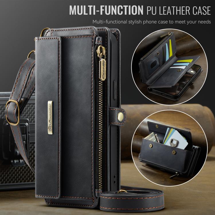 For iPhone 16e CaseMe C39 RFID Blocking Zipper Wallet Leather Phone Case with Crossbody Strap(Black)
