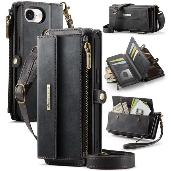 For iPhone 16e CaseMe C39 RFID Blocking Zipper Wallet Leather Phone Case with Crossbody Strap(Black)