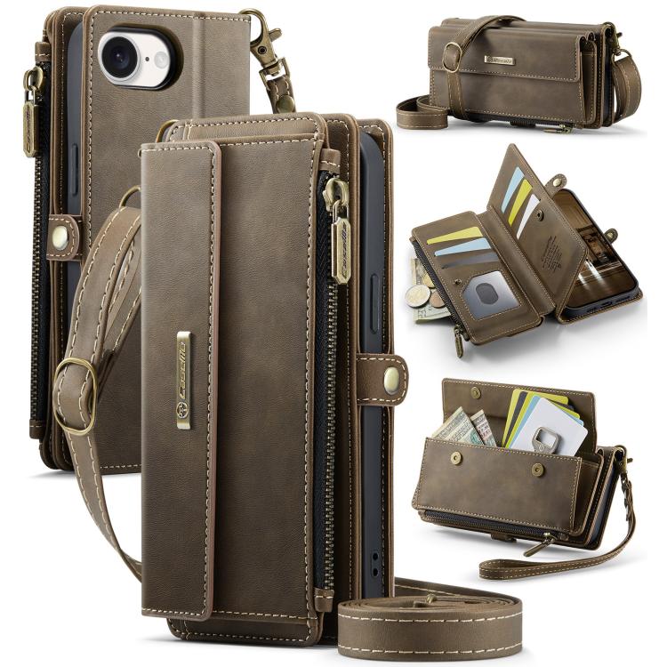 For iPhone 16e CaseMe C39 RFID Blocking Zipper Wallet Leather Phone Case with Crossbody Strap(Coffee)