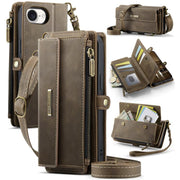 For iPhone 16e CaseMe C39 RFID Blocking Zipper Wallet Leather Phone Case with Crossbody Strap(Coffee)