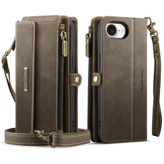 For iPhone 16e CaseMe C39 RFID Blocking Zipper Wallet Leather Phone Case with Crossbody Strap(Coffee)