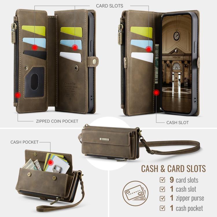 For iPhone 16e CaseMe C39 RFID Blocking Zipper Wallet Leather Phone Case with Crossbody Strap(Coffee)