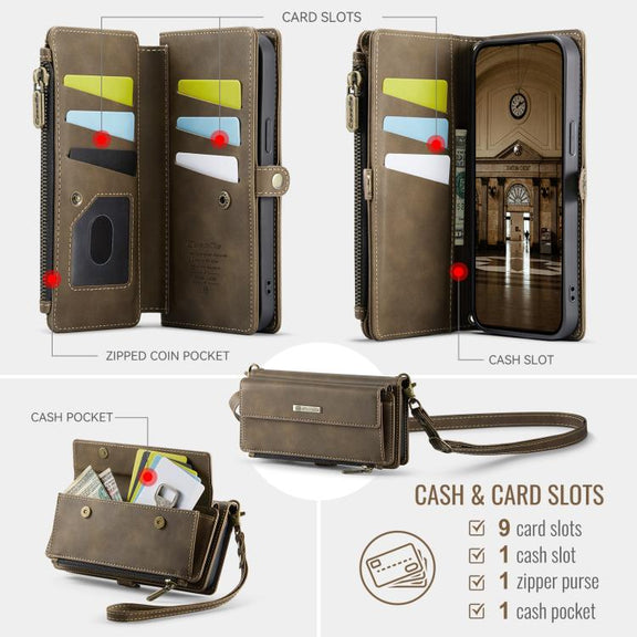 For iPhone 16e CaseMe C39 RFID Blocking Zipper Wallet Leather Phone Case with Crossbody Strap(Coffee)
