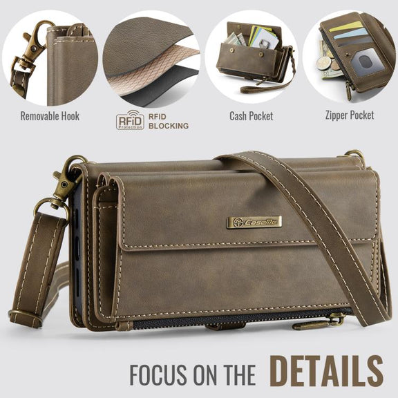 For iPhone 16e CaseMe C39 RFID Blocking Zipper Wallet Leather Phone Case with Crossbody Strap(Coffee)