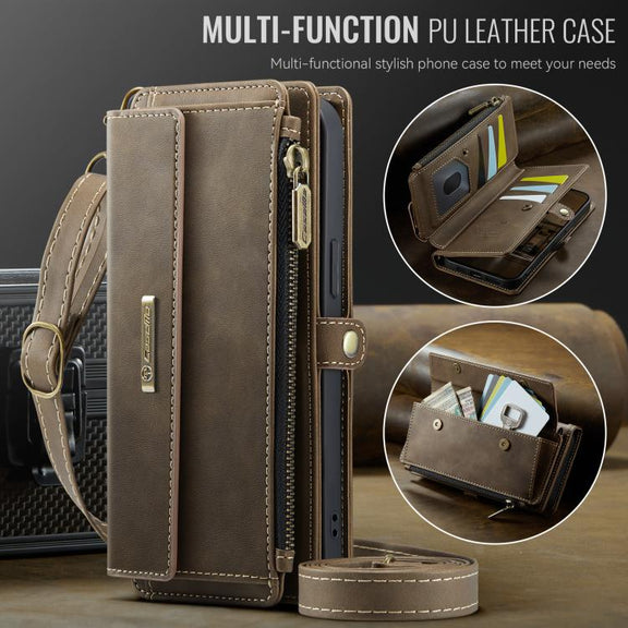For iPhone 16e CaseMe C39 RFID Blocking Zipper Wallet Leather Phone Case with Crossbody Strap(Coffee)