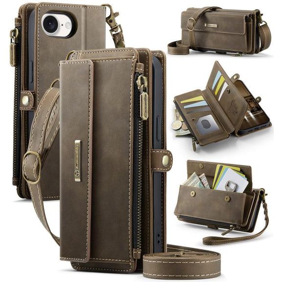 For iPhone 16e CaseMe C39 RFID Blocking Zipper Wallet Leather Phone Case with Crossbody Strap(Coffee)