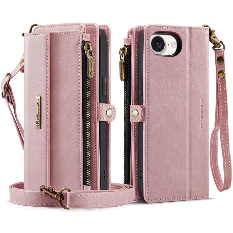 For iPhone 16e CaseMe C39 RFID Blocking Zipper Wallet Leather Phone Case with Crossbody Strap(Pink)