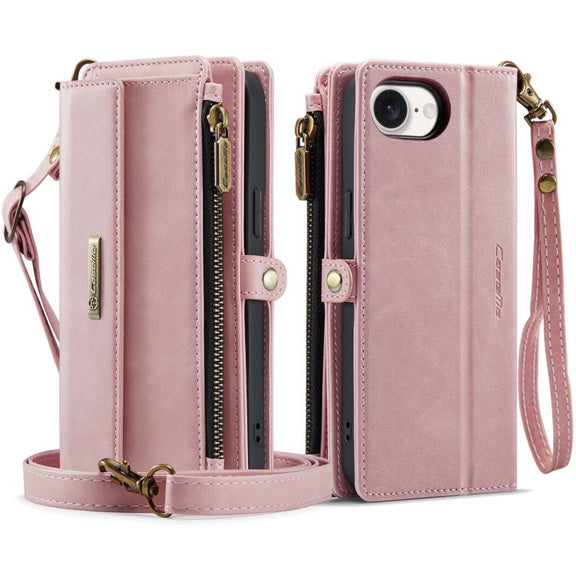 For iPhone 16e CaseMe C39 RFID Blocking Zipper Wallet Leather Phone Case with Crossbody Strap(Pink)