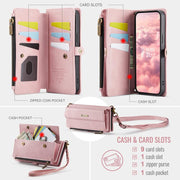 For iPhone 16e CaseMe C39 RFID Blocking Zipper Wallet Leather Phone Case with Crossbody Strap(Pink)