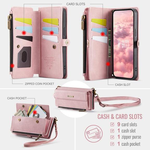 For iPhone 16e CaseMe C39 RFID Blocking Zipper Wallet Leather Phone Case with Crossbody Strap(Pink)