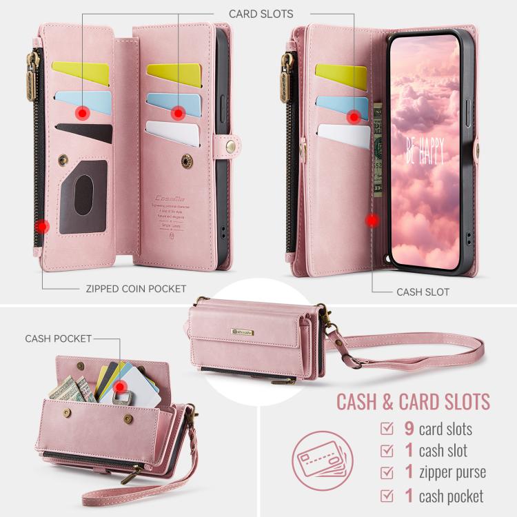 For iPhone 16e CaseMe C39 RFID Blocking Zipper Wallet Leather Phone Case with Crossbody Strap(Pink)