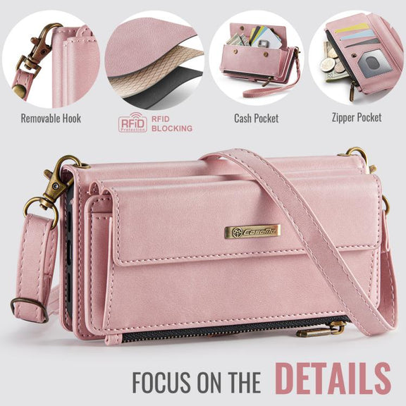 For iPhone 16e CaseMe C39 RFID Blocking Zipper Wallet Leather Phone Case with Crossbody Strap(Pink)