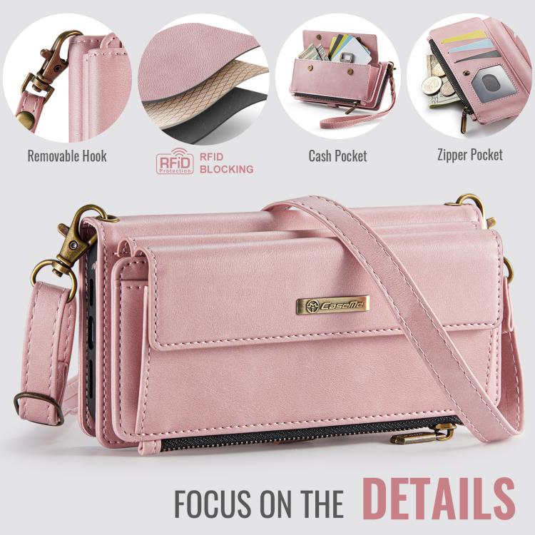 For iPhone 16e CaseMe C39 RFID Blocking Zipper Wallet Leather Phone Case with Crossbody Strap(Pink)