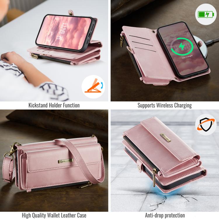 For iPhone 16e CaseMe C39 RFID Blocking Zipper Wallet Leather Phone Case with Crossbody Strap(Pink)