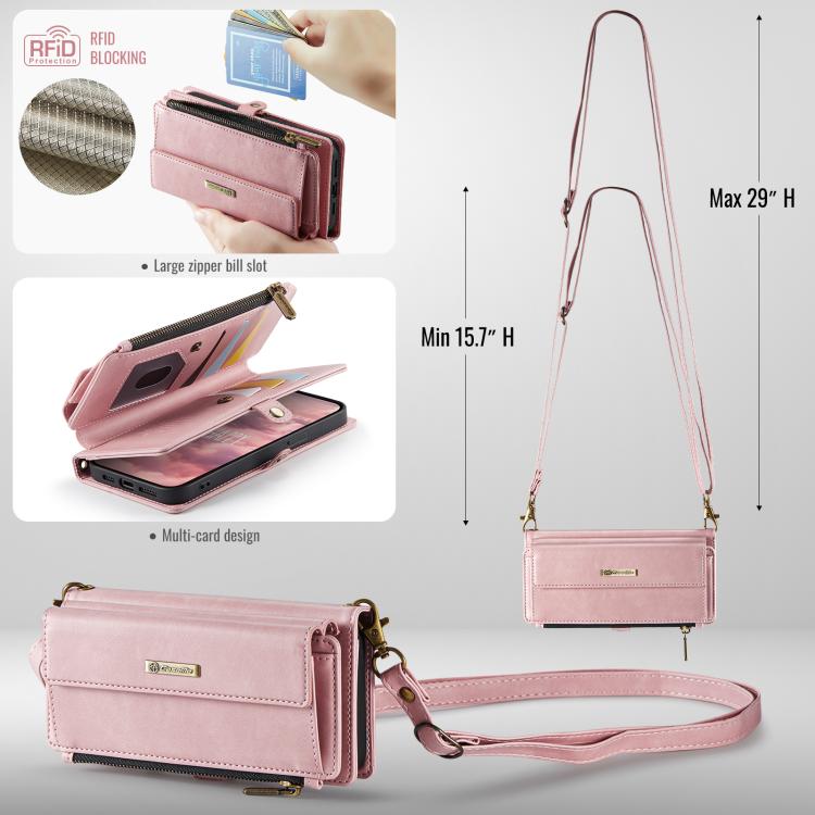 For iPhone 16e CaseMe C39 RFID Blocking Zipper Wallet Leather Phone Case with Crossbody Strap(Pink)