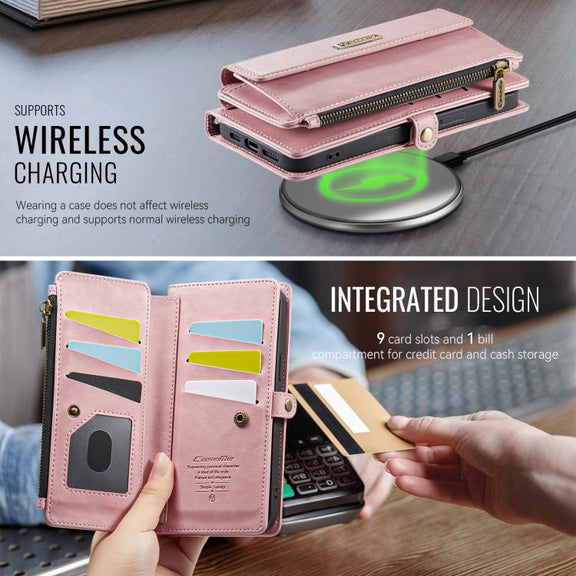 For iPhone 16e CaseMe C39 RFID Blocking Zipper Wallet Leather Phone Case with Crossbody Strap(Pink)