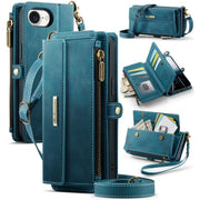 For iPhone 16e CaseMe C39 RFID Blocking Zipper Wallet Leather Phone Case with Crossbody Strap(Green)
