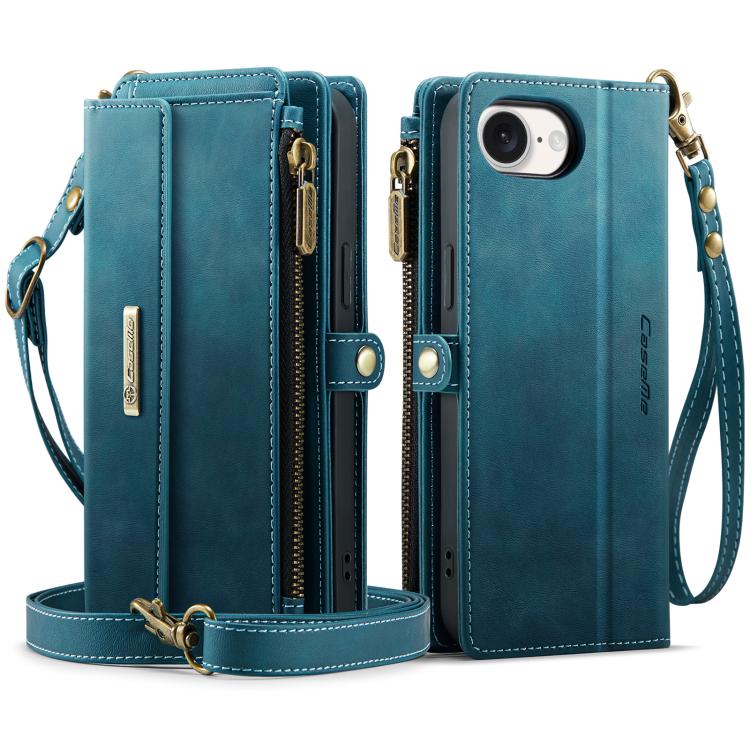 For iPhone 16e CaseMe C39 RFID Blocking Zipper Wallet Leather Phone Case with Crossbody Strap(Green)