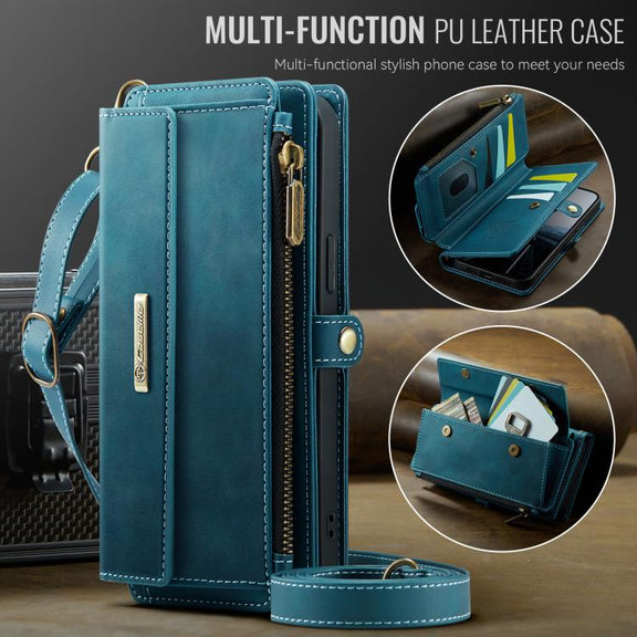 For iPhone 16e CaseMe C39 RFID Blocking Zipper Wallet Leather Phone Case with Crossbody Strap(Green)