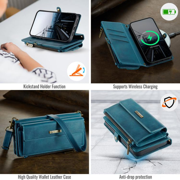 For iPhone 16e CaseMe C39 RFID Blocking Zipper Wallet Leather Phone Case with Crossbody Strap(Green)
