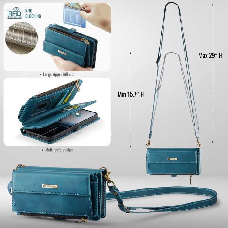 For iPhone 16e CaseMe C39 RFID Blocking Zipper Wallet Leather Phone Case with Crossbody Strap(Green)