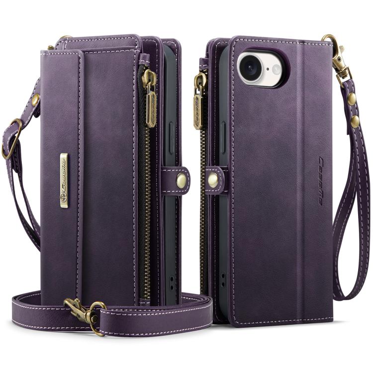 For iPhone 16e CaseMe C39 RFID Blocking Zipper Wallet Leather Phone Case with Crossbody Strap(Purple)