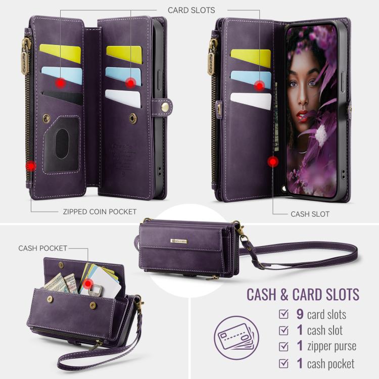 For iPhone 16e CaseMe C39 RFID Blocking Zipper Wallet Leather Phone Case with Crossbody Strap(Purple)