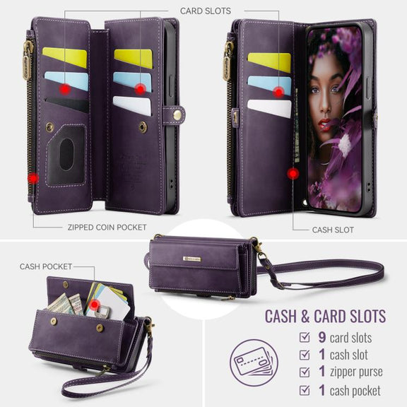 For iPhone 16e CaseMe C39 RFID Blocking Zipper Wallet Leather Phone Case with Crossbody Strap(Purple)