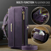 For iPhone 16e CaseMe C39 RFID Blocking Zipper Wallet Leather Phone Case with Crossbody Strap(Purple)