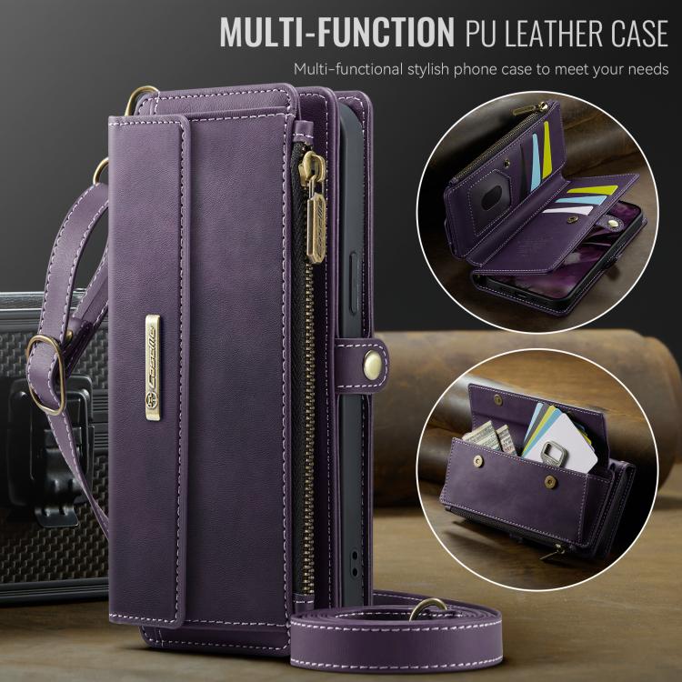 For iPhone 16e CaseMe C39 RFID Blocking Zipper Wallet Leather Phone Case with Crossbody Strap(Purple)