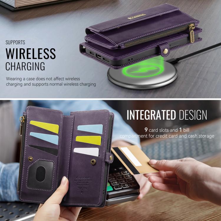 For iPhone 16e CaseMe C39 RFID Blocking Zipper Wallet Leather Phone Case with Crossbody Strap(Purple)